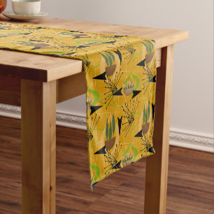 Atomic Patterns on Gold Houseplants Mid-Century Short Table Runner