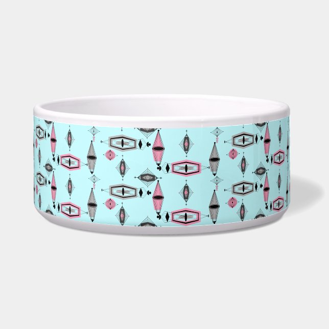 Atomic Pink & Grey Pattern Ceramic Pet Bowl (Front)