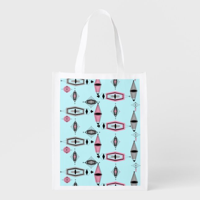 Atomic Pink & Grey Pattern Reusable Grocery Bag (Front)
