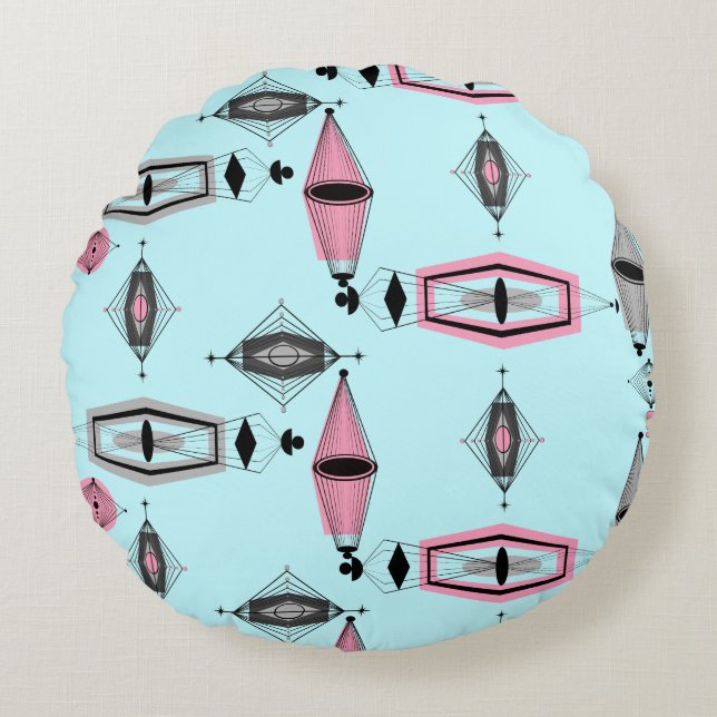 Atomic Pink & Grey Pattern Round Pillow (Front)