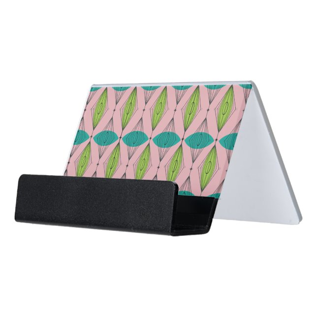 Atomic Pink Ogee & Starburst Business Card Holder (Angled Front)