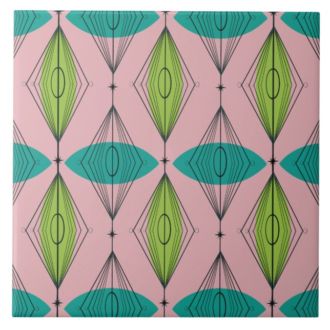 Atomic Pink Ogee & Starbursts Ceramic Tile (Front)
