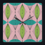Atomic Pink Ogee & Starbursts Wall Clock<br><div class="desc">Oh, gee! It’s an Atomic Pink Ogee and Starbursts Square Wall Clock! It’s a modern take on a classic pattern (a mid century modern take, to be exact). This design features a pink background with teal and green oval shapes overlaying black, vertical lines of atomic diamonds and starbursts. This mod...</div>