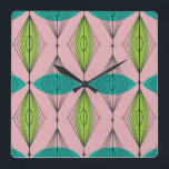 Atomic Pink Ogee & Starbursts Wall Clock<br><div class="desc">Oh, gee! It’s an Atomic Pink Ogee and Starbursts Square Wall Clock! It’s a modern take on a classic pattern (a mid century modern take, to be exact). This design features a pink background with teal and green oval shapes overlaying black, vertical lines of atomic diamonds and starbursts. This mod...</div>