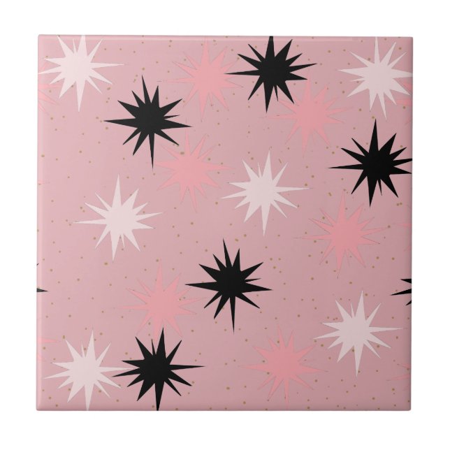 Atomic Pink Starbursts Ceramic Tile (Front)