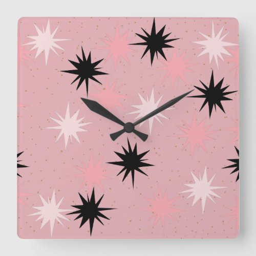 Atomic Pink Starbursts Square Wall Clock