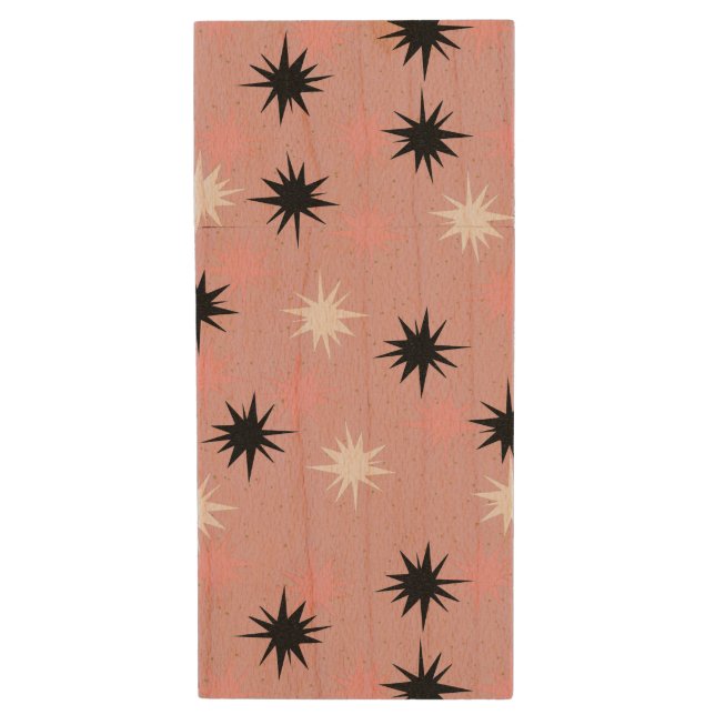 Atomic Pink Starbursts Wooden USB Wood USB Flash Drive (Front Vertical)