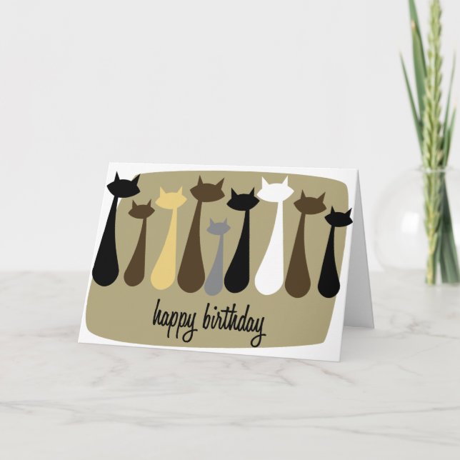 Atomic Retro Cat Happy Birthday Card (Earthtones) (Front)