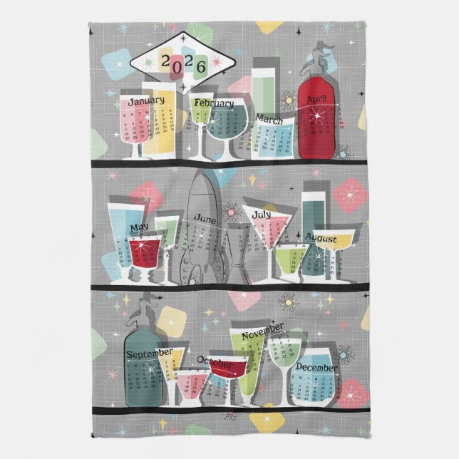 Atomic Retro Cocktails 2026 Calendar Kitchen Towel (Vertical)