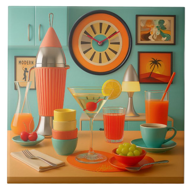 Atomic Retro Futuristic Martini Breakfast Bar Ceramic Tile (Front)