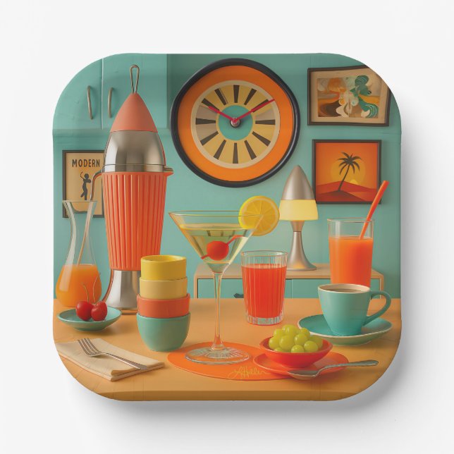 Atomic Retro Futuristic Martini Breakfast Bar Paper Plates (Front)
