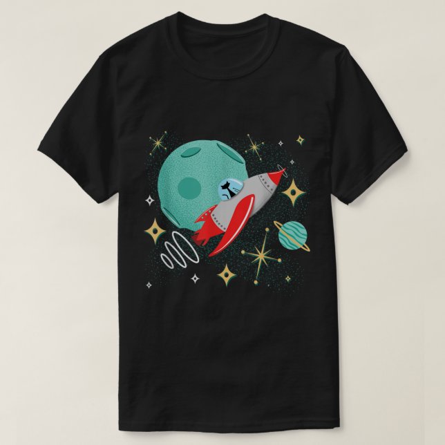 Atomic Rocket Cat Funny MidCentury Cat Futuristic  T-Shirt (Design Front)