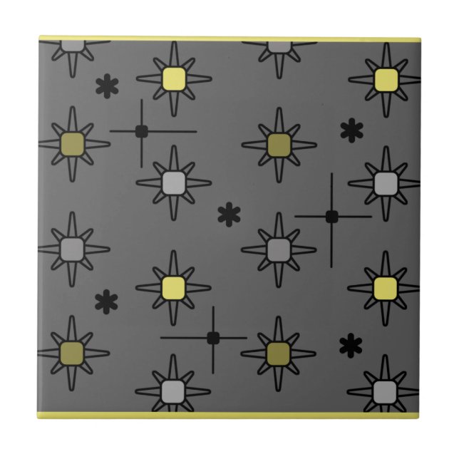 Atomic Sky Starbursts Dark Gray Yellow Ceramic Tile (Front)