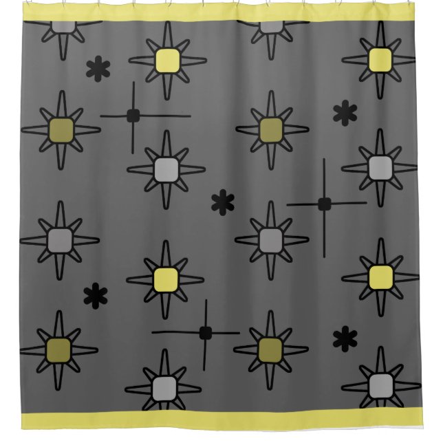 Atomic Sky Starbursts Dark Gray Yellow Shower Curtain (Front)