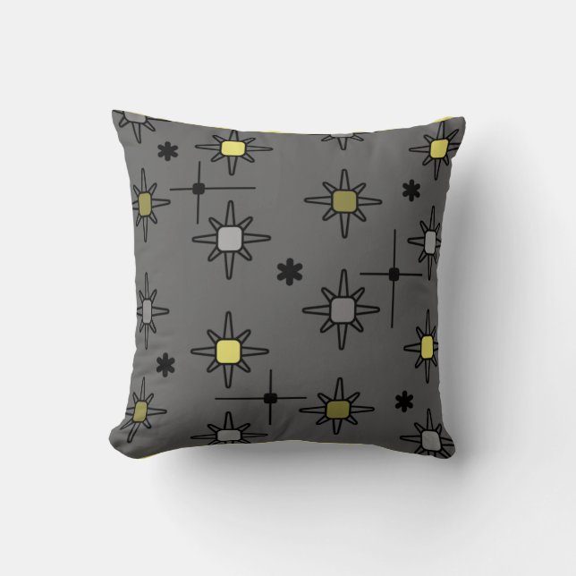Atomic Sky Starbursts Dark Gray Yellow Throw Pillow (Front)