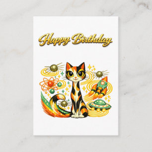 Atomic Space Age Sci Fi Calico Cat Happy Birthday Enclosure Card