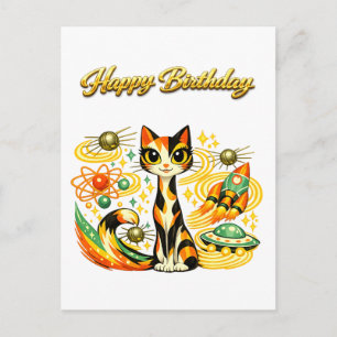 Atomic Space Age Sci Fi Calico Cat Happy Birthday Postcard