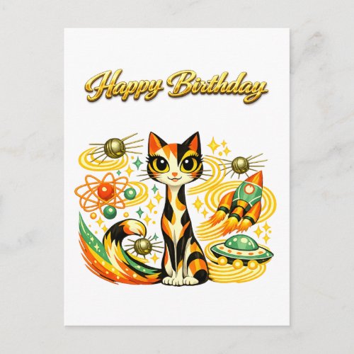Atomic Space Age Sci Fi Calico Cat Happy Birthday Postcard