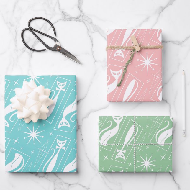Atomic Star Cat MidCentury Modern Christmas Pastel Wrapping Paper Sheets (Front)