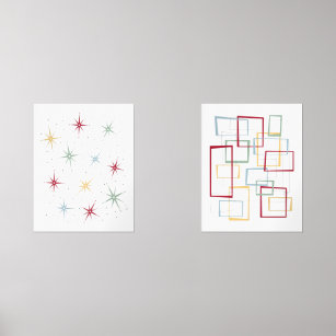 Atomic Starburst and Abstract Squares Mid Century Wall Art Sets