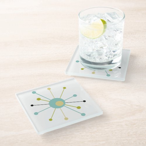 Atomic Starburst Blue Green Yellow Mid_century Glass Coaster