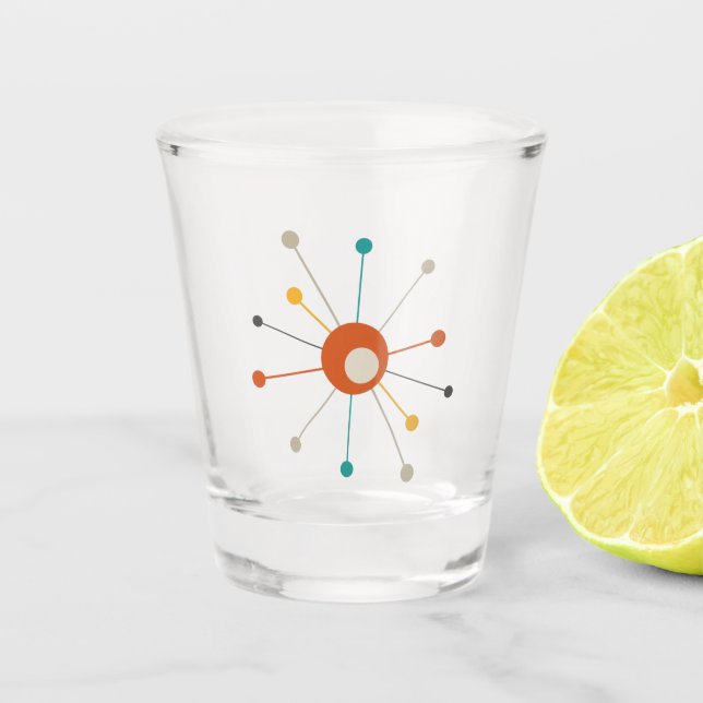 Atomic Starburst Dark Orange Teal Mid-century Shot Glass (Front)