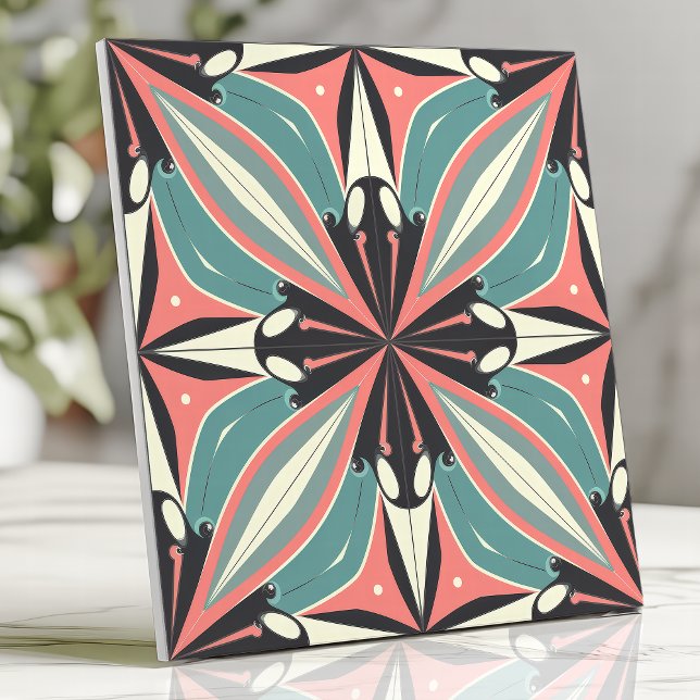 Atomic Starburst Design in Turquoise and Coral Ceramic Tile (Creator Uploaded)