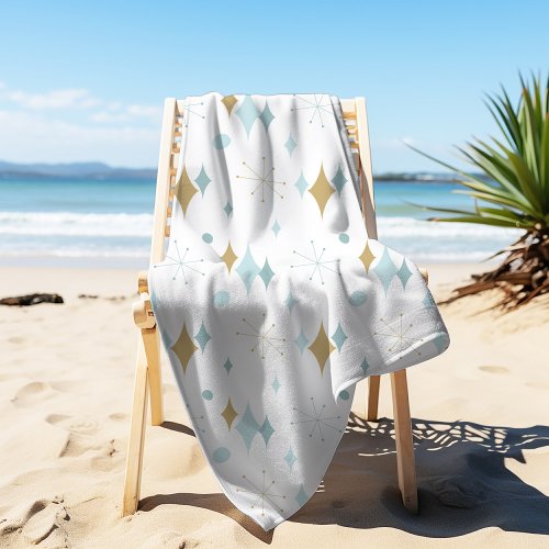 Atomic Starburst Mid Century Modern Aqua Gold Beach Towel