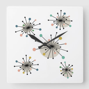 Atomic Starburst Mid Century Modern Colorful Square Wall Clock