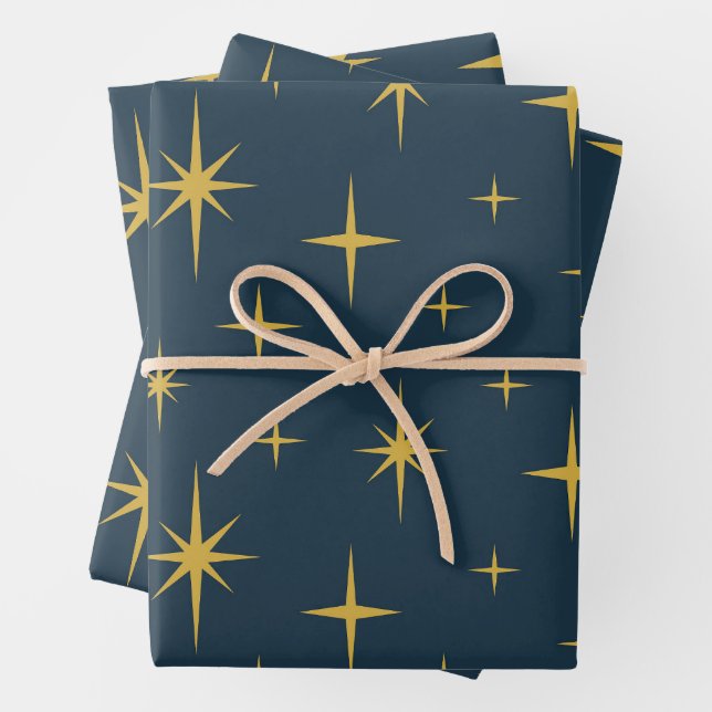 Atomic Starburst Navy, Mustard Wrapping Paper Sheets (In situ)