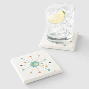 Atomic Starburst Orange Turquoise Mid Mod Stone Coaster