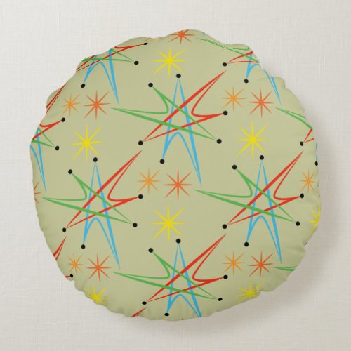 Atomic Starburst Retro Multicolored Pattern Round Pillow