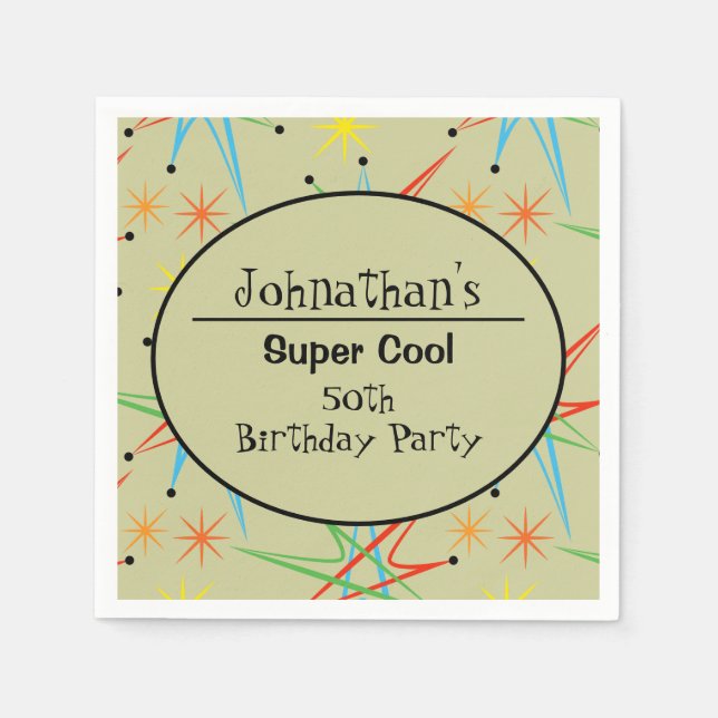 Atomic Starburst Retro Multicolored Personalized Napkins (Front)