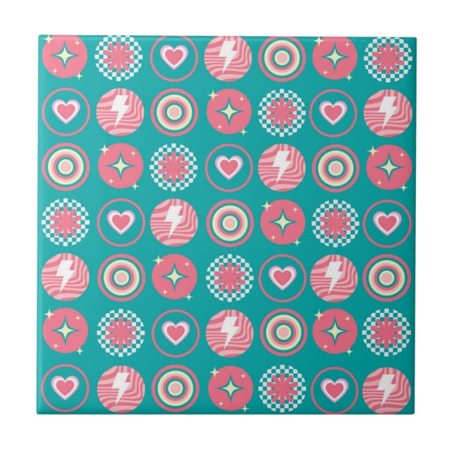 Atomic Starburst Sparkle Heart Retro Blue Pattern Ceramic Tile (Front)