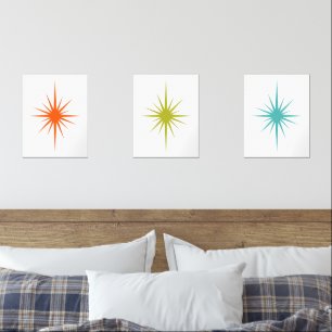 Atomic Starburst Turquoise Orange Green Midcentury Wall Art Sets