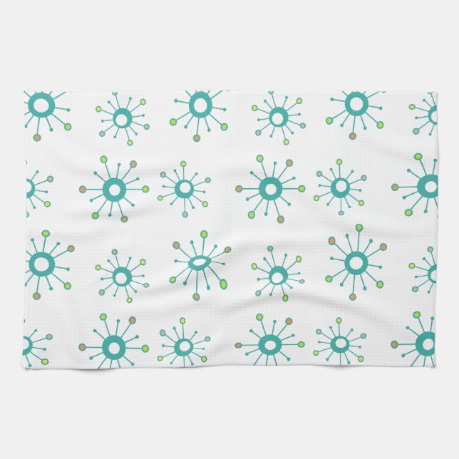 Atomic Starbursts Colorful Turquoise Kitchen Towel (Horizontal)