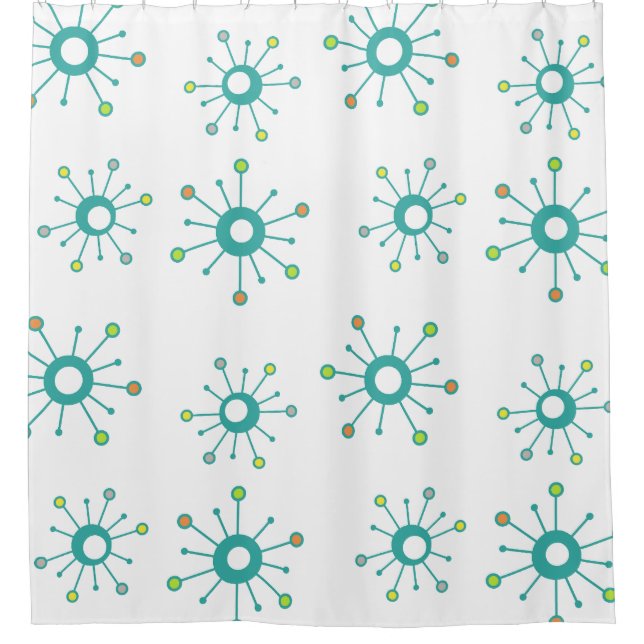 Atomic Starbursts Colorful Turquoise Shower Curtain (Front)