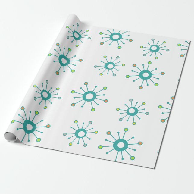 Atomic Starbursts Colorful Turquoise Wrapping Paper (Unrolled)