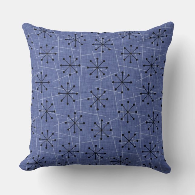 Atomic Starbursts on Blue | Mid-Century Modern Throw Pillow (Front)