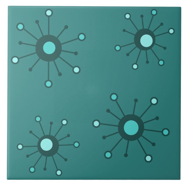 Atomic Starbursts Teal Ceramic Tile (Front)