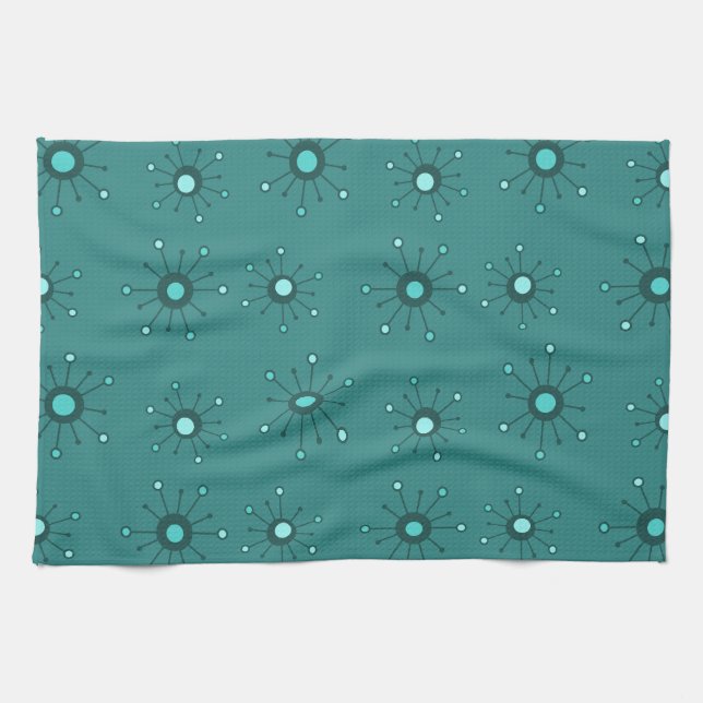 Atomic Starbursts Teal Kitchen Towel (Horizontal)