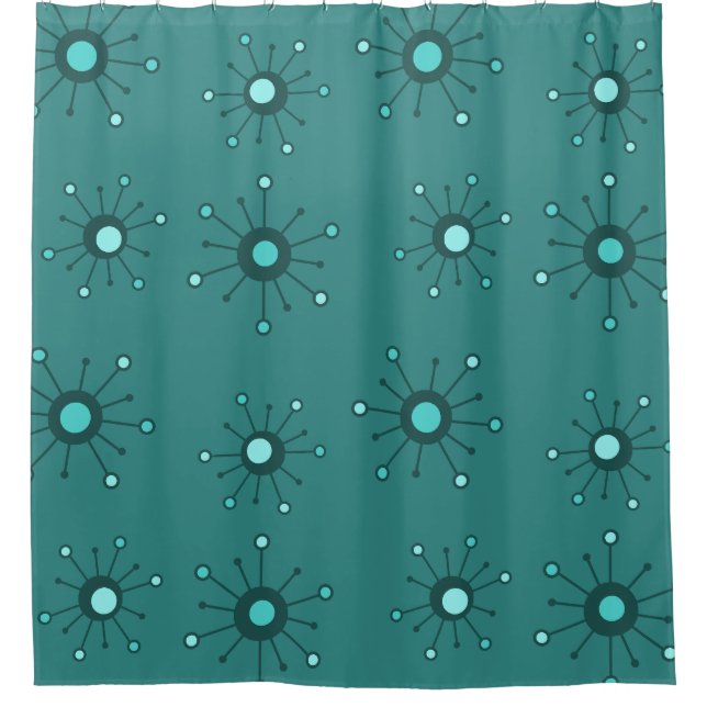 Atomic Starbursts Teal Shower Curtain (Front)