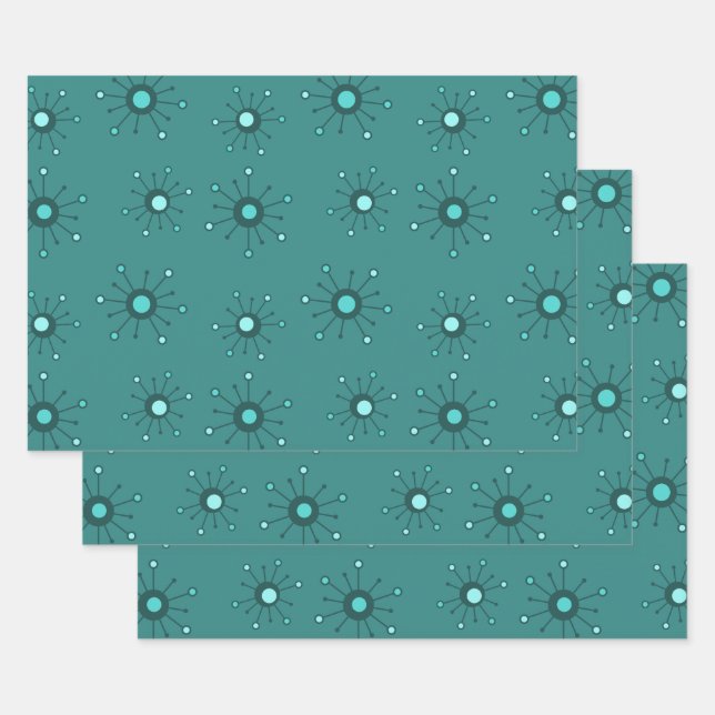 Atomic Starbursts Teal Wrapping Paper Sheets (Set)