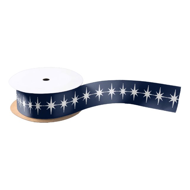 Atomic Stars Deep Navy Blue and White Satin Ribbon (Spool)