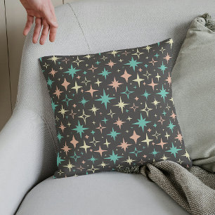 Atomic Stars Pink Blue Yellow Brown Mid Century Throw Pillow