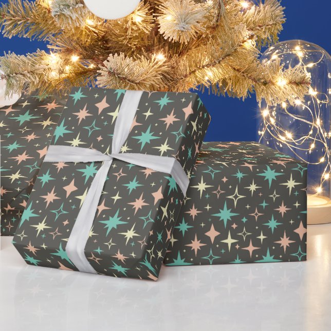 Atomic Stars Pink Blue Yellow Brown Mid Century Wrapping Paper (Holidays)