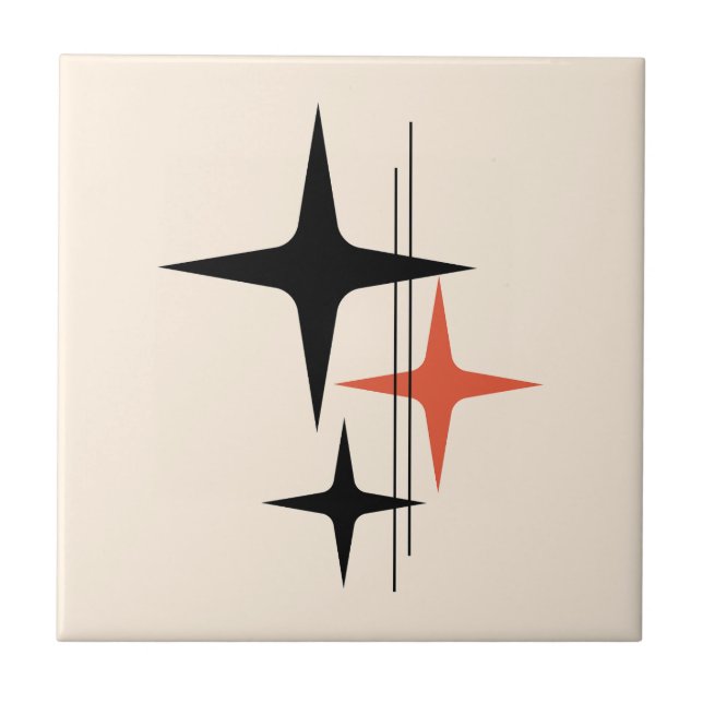Atomic Stars Retro Midcentury Black Orange Cream Ceramic Tile (Front)
