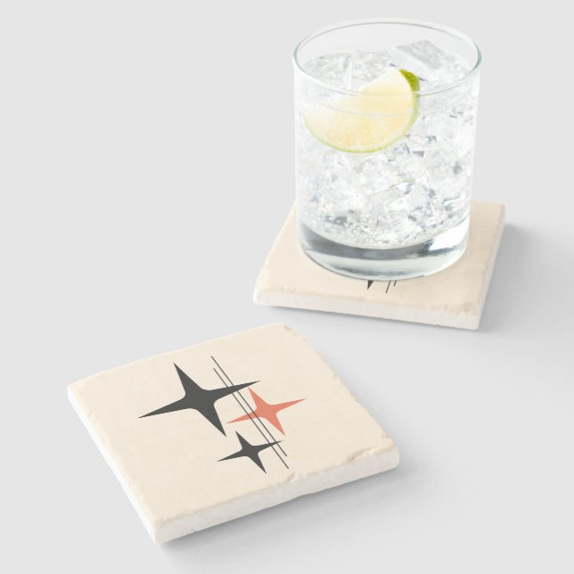 Atomic Stars Retro Midcentury Black Orange Cream Stone Coaster (Side)