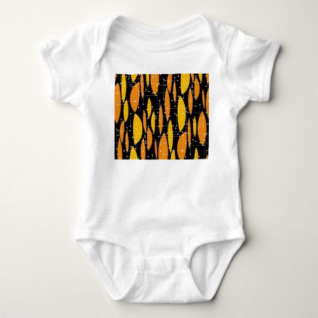 Atomic style, black orange geometric pattern. baby bodysuit (Front)