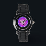 Atomic Symbol on a Pink background Watch<br><div class="desc">Science themed image. A circular shaped image with the symbol of the atom inside. A pink background contrasts with the black symbol. A purple border with white stars circles around the illustration. A funky image for geeks and science buffs.</div>